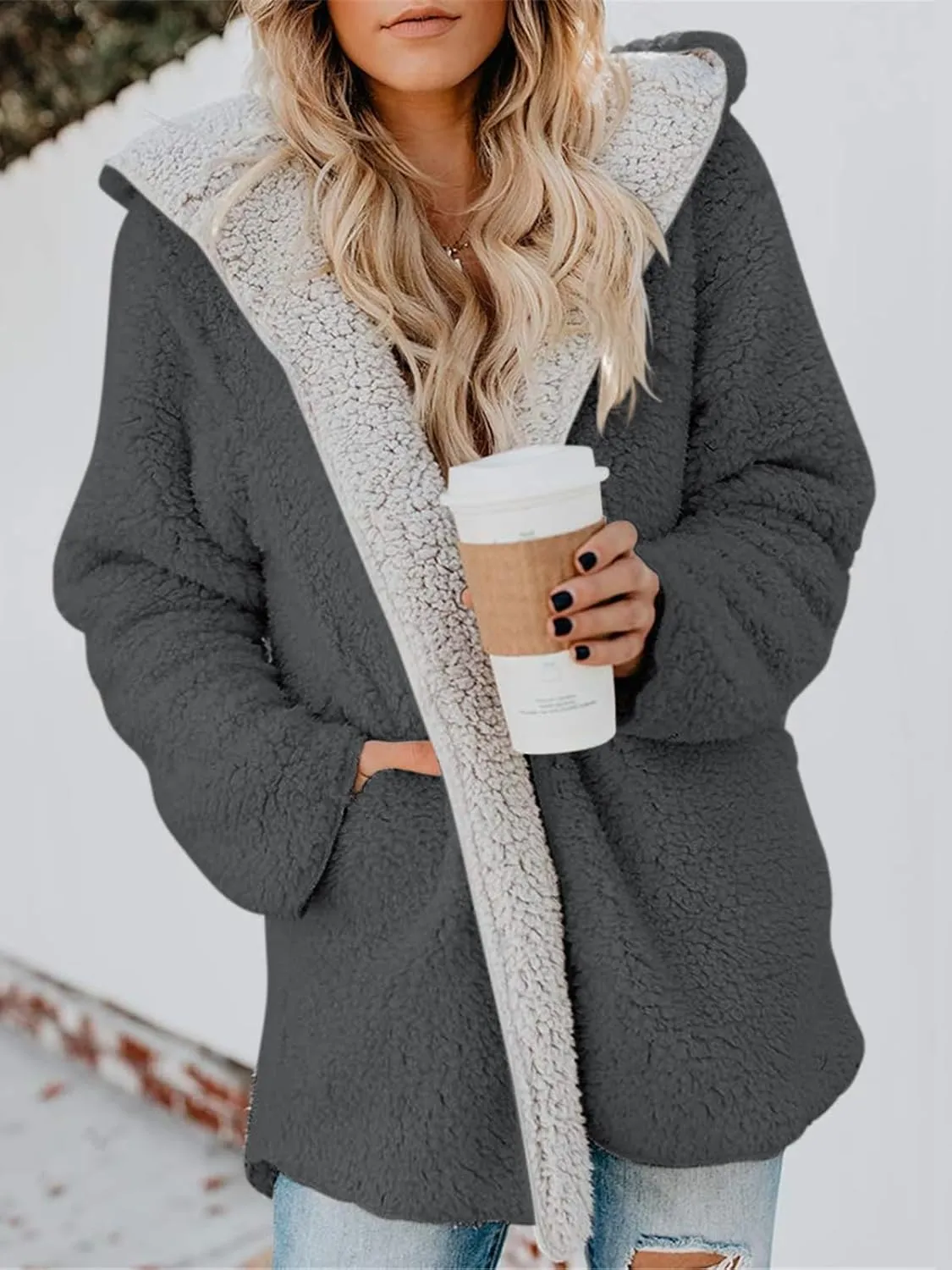 ReachMe Womens Sherpa Jacket Oversized Fleece Jacket Teddy Coats with Pockets Open Front Hooded Fuzzy Cardigan