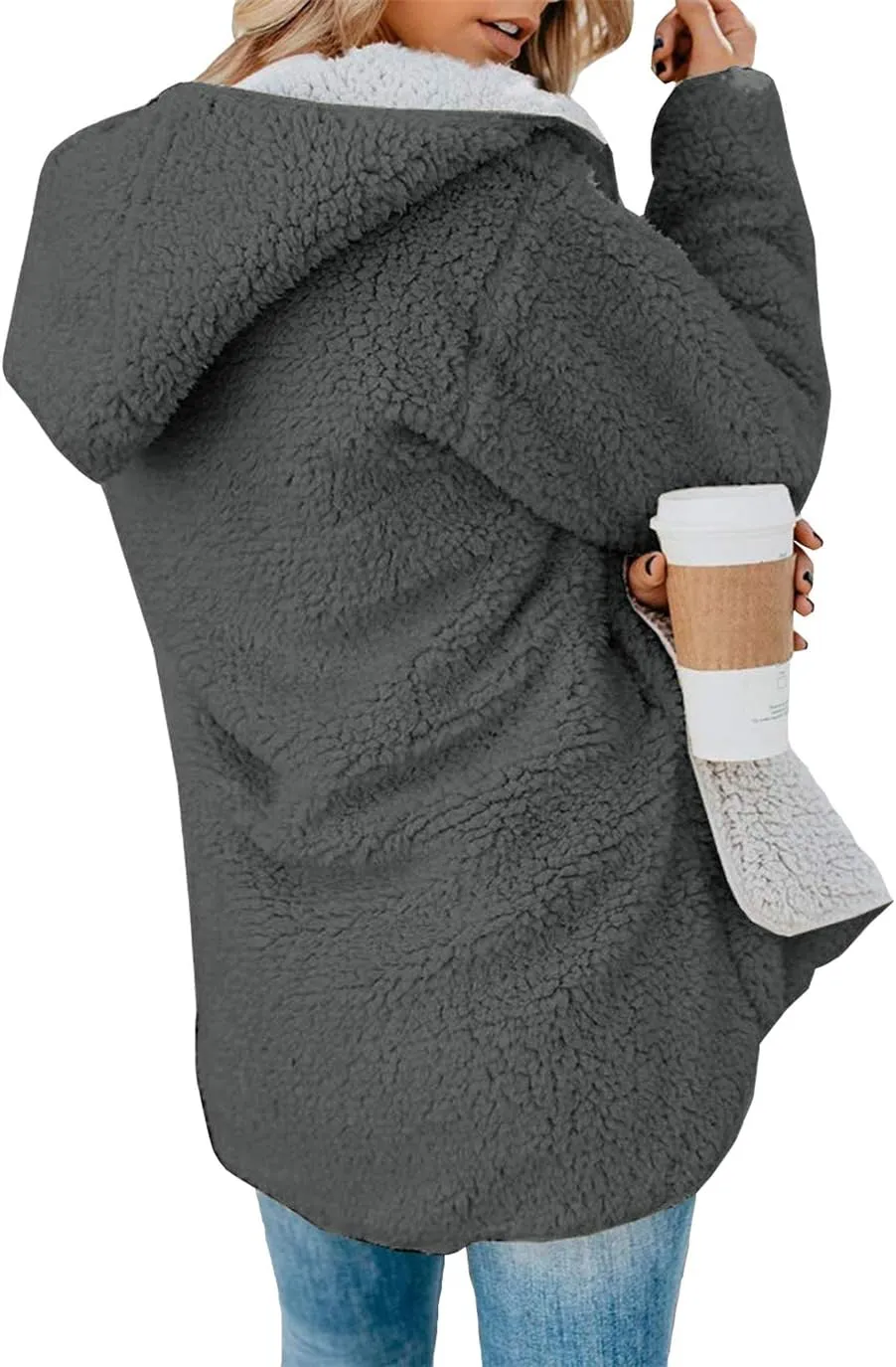 ReachMe Womens Sherpa Jacket Oversized Fleece Jacket Teddy Coats with Pockets Open Front Hooded Fuzzy Cardigan