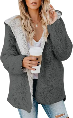 ReachMe Womens Sherpa Jacket Oversized Fleece Jacket Teddy Coats with Pockets Open Front Hooded Fuzzy Cardigan