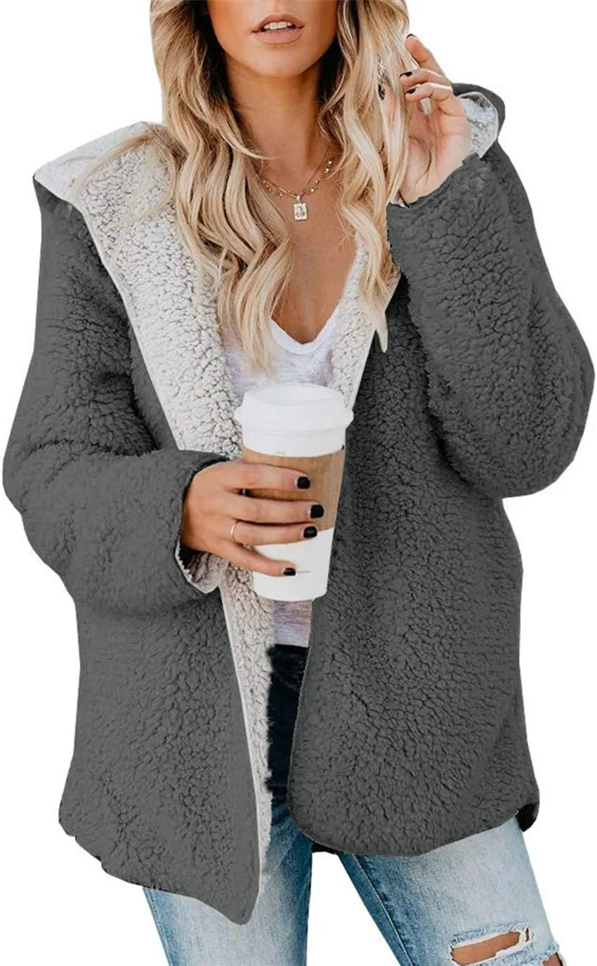 ReachMe Womens Sherpa Jacket Oversized Fleece Jacket Teddy Coats with Pockets Open Front Hooded Fuzzy Cardigan