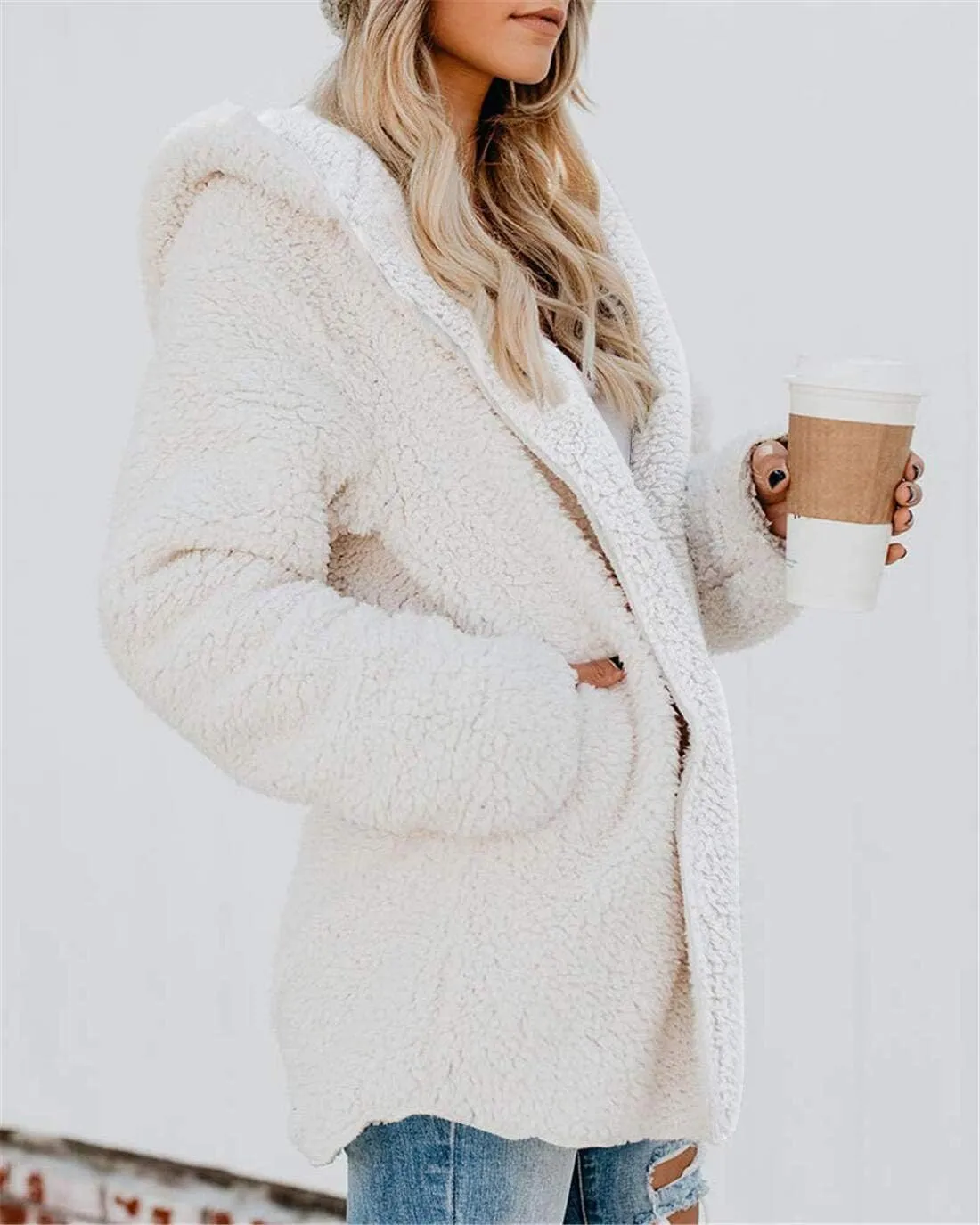 ReachMe Womens Sherpa Jacket Oversized Fleece Jacket Teddy Coats with Pockets Open Front Hooded Fuzzy Cardigan