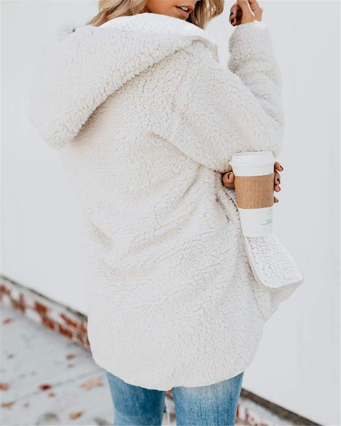 ReachMe Womens Sherpa Jacket Oversized Fleece Jacket Teddy Coats with Pockets Open Front Hooded Fuzzy Cardigan