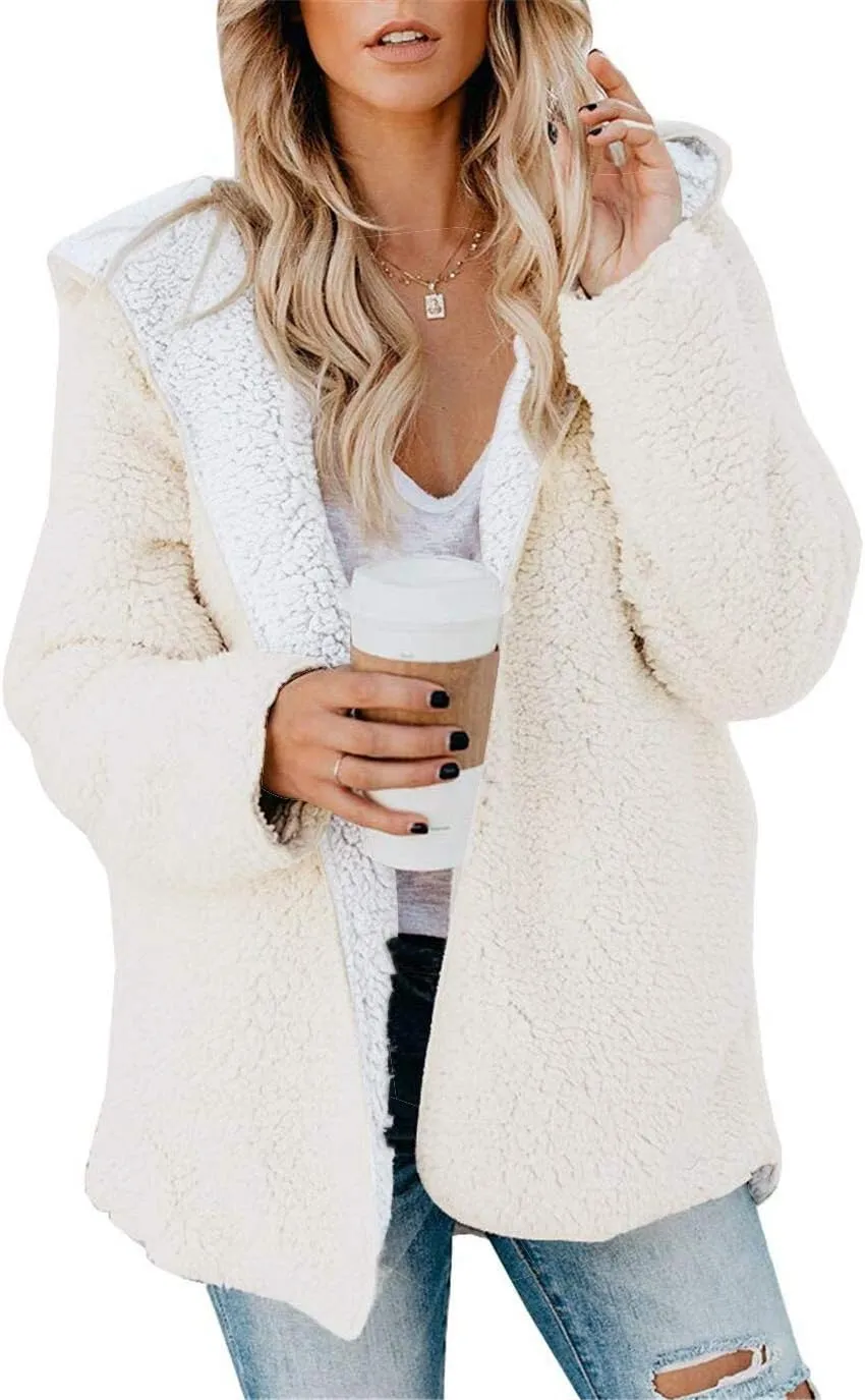 ReachMe Womens Sherpa Jacket Oversized Fleece Jacket Teddy Coats with Pockets Open Front Hooded Fuzzy Cardigan
