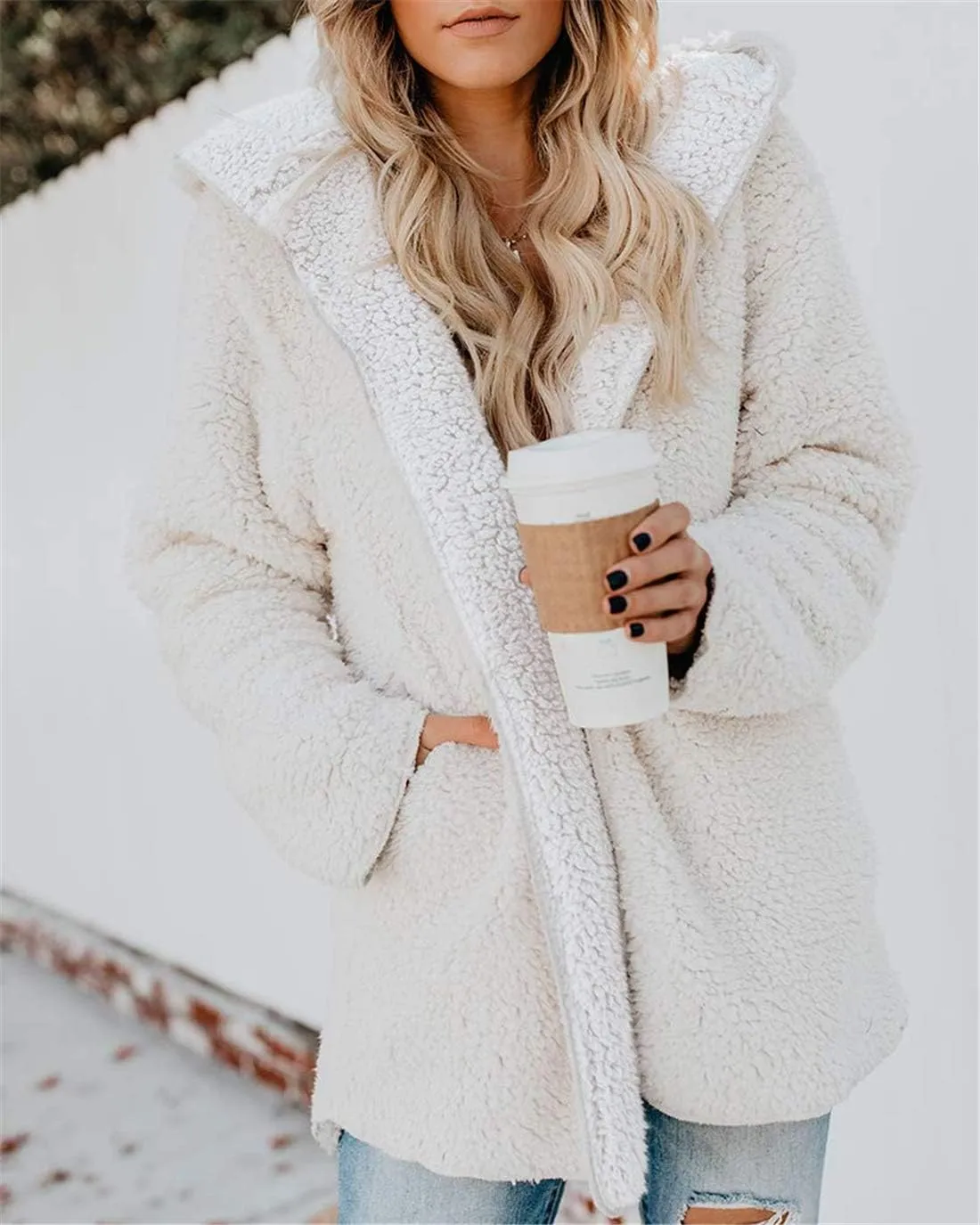 ReachMe Womens Sherpa Jacket Oversized Fleece Jacket Teddy Coats with Pockets Open Front Hooded Fuzzy Cardigan