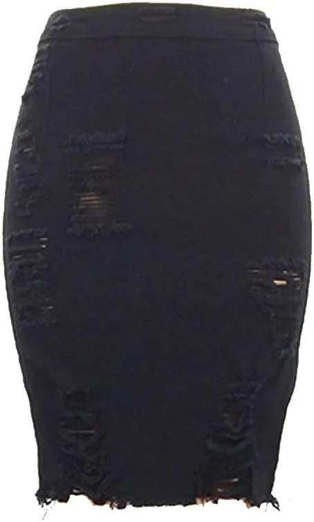 Ripped Distressed Denim Skirt for Women High Waisted Bodycon Skirt Summer Sexy Pencil Skirt
