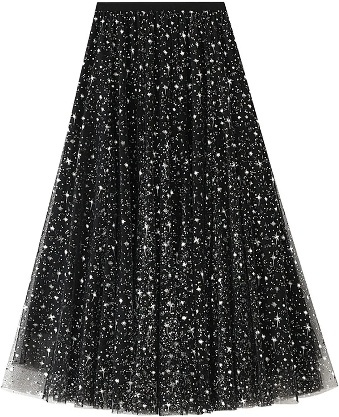 Sequin Tulle Skirts for Women Midi Long Fairy Skirt Tutu A-Line Skirt Mesh Layered Elastic Waist Sparkly Petticoat