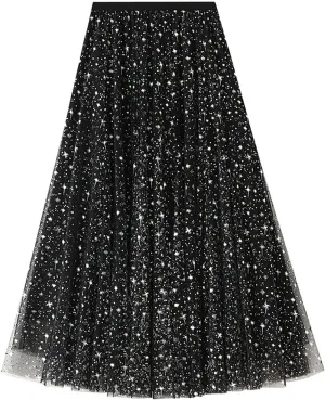 Sequin Tulle Skirts for Women Midi Long Fairy Skirt Tutu A-Line Skirt Mesh Layered Elastic Waist Sparkly Petticoat