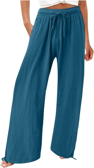 SHAOBGE Women Linen Palazzo Pants Summer Boho Wide Leg High Waist Casual Lounge Pant Trousers with Pockets
