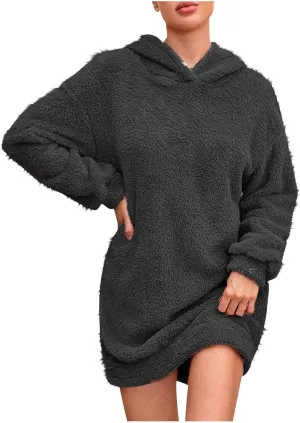 Sherpa Hoodie Dress for Women Cute Fuzzy Long Sleeve Sweatshirt Dress Casual Mini Sweater Dress Soft Loungewear