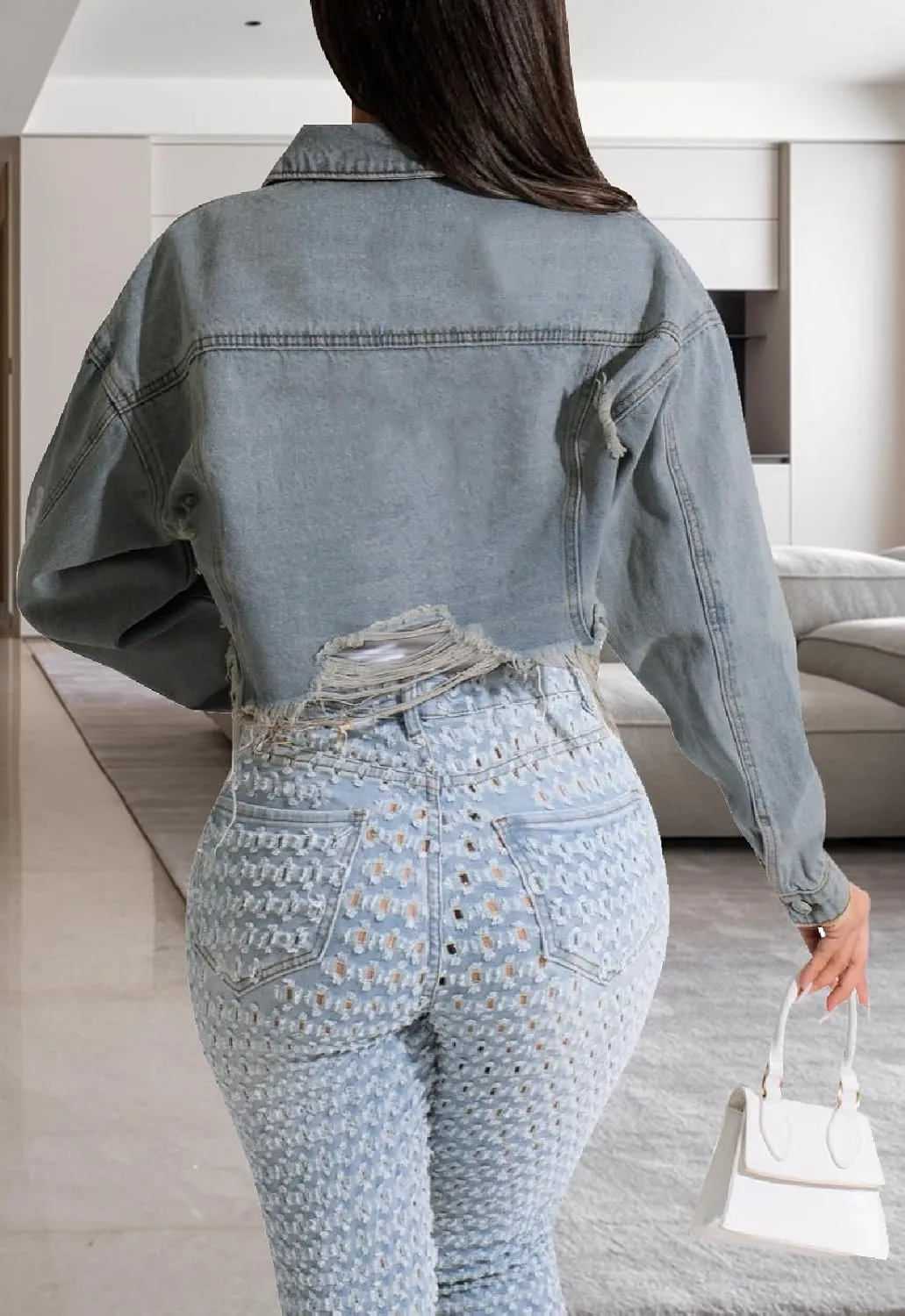 Short Jean Jacket Women's Ripped and frayed Casual Jean Jacket Women's Denim Tops