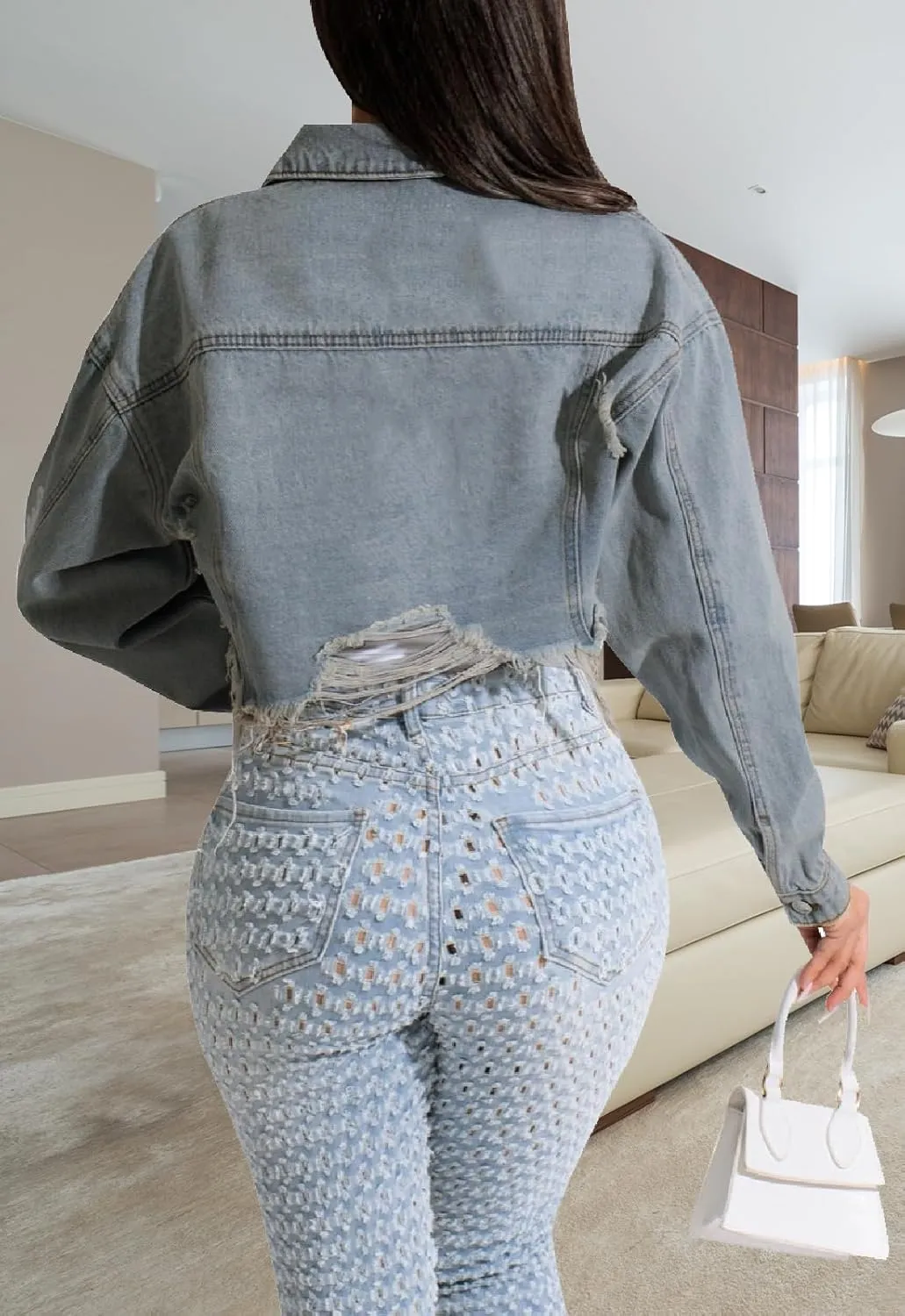 Short Jean Jacket Women's Ripped and frayed Casual Jean Jacket Women's Denim Tops