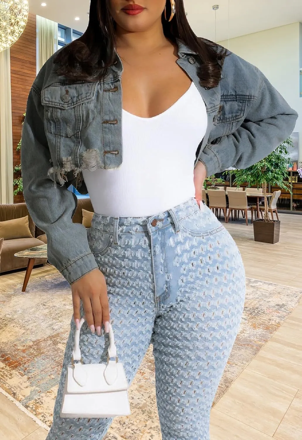 Short Jean Jacket Women's Ripped and frayed Casual Jean Jacket Women's Denim Tops