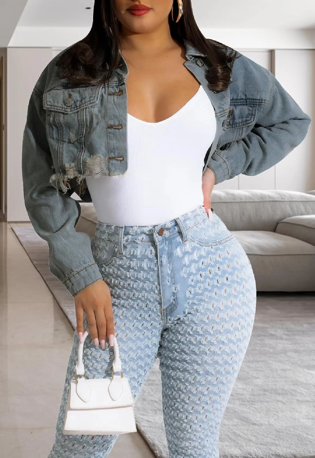 Short Jean Jacket Women's Ripped and frayed Casual Jean Jacket Women's Denim Tops