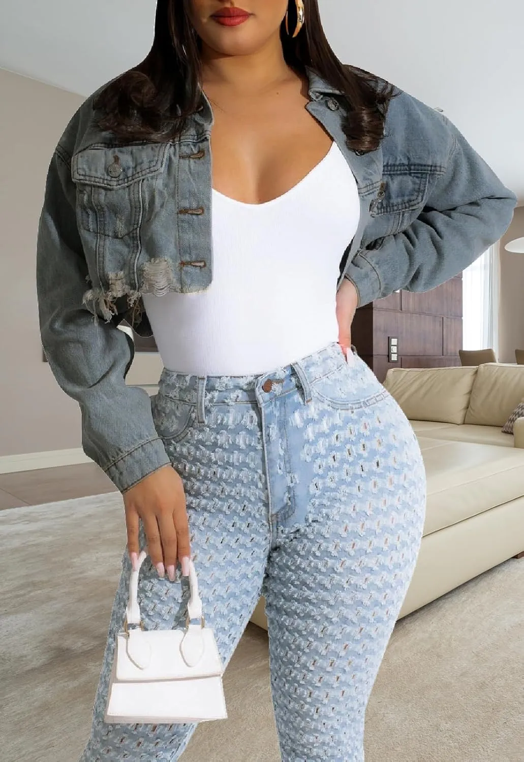 Short Jean Jacket Women's Ripped and frayed Casual Jean Jacket Women's Denim Tops