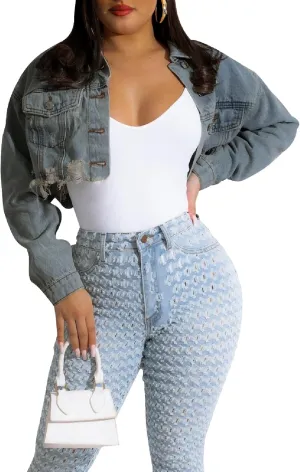 Short Jean Jacket Women's Ripped and frayed Casual Jean Jacket Women's Denim Tops