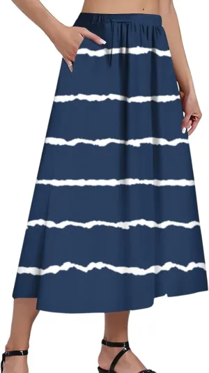 Skirs for Women Gradient Stripe Printed Skirt Elasticated Loose Pocket Pleated Half-Body Skirts Casual Skirt