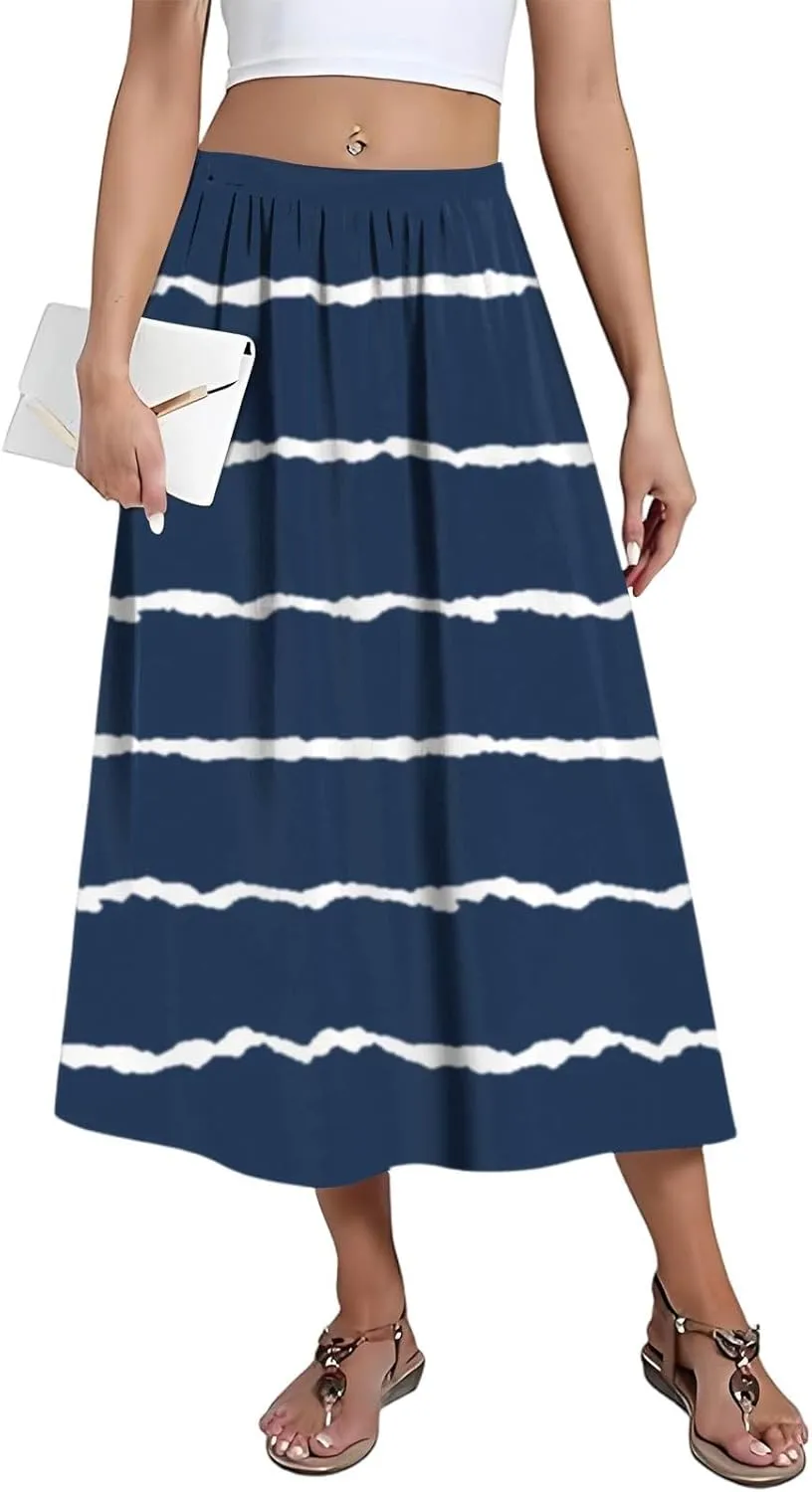 Skirs for Women Gradient Stripe Printed Skirt Elasticated Loose Pocket Pleated Half-Body Skirts Casual Skirt
