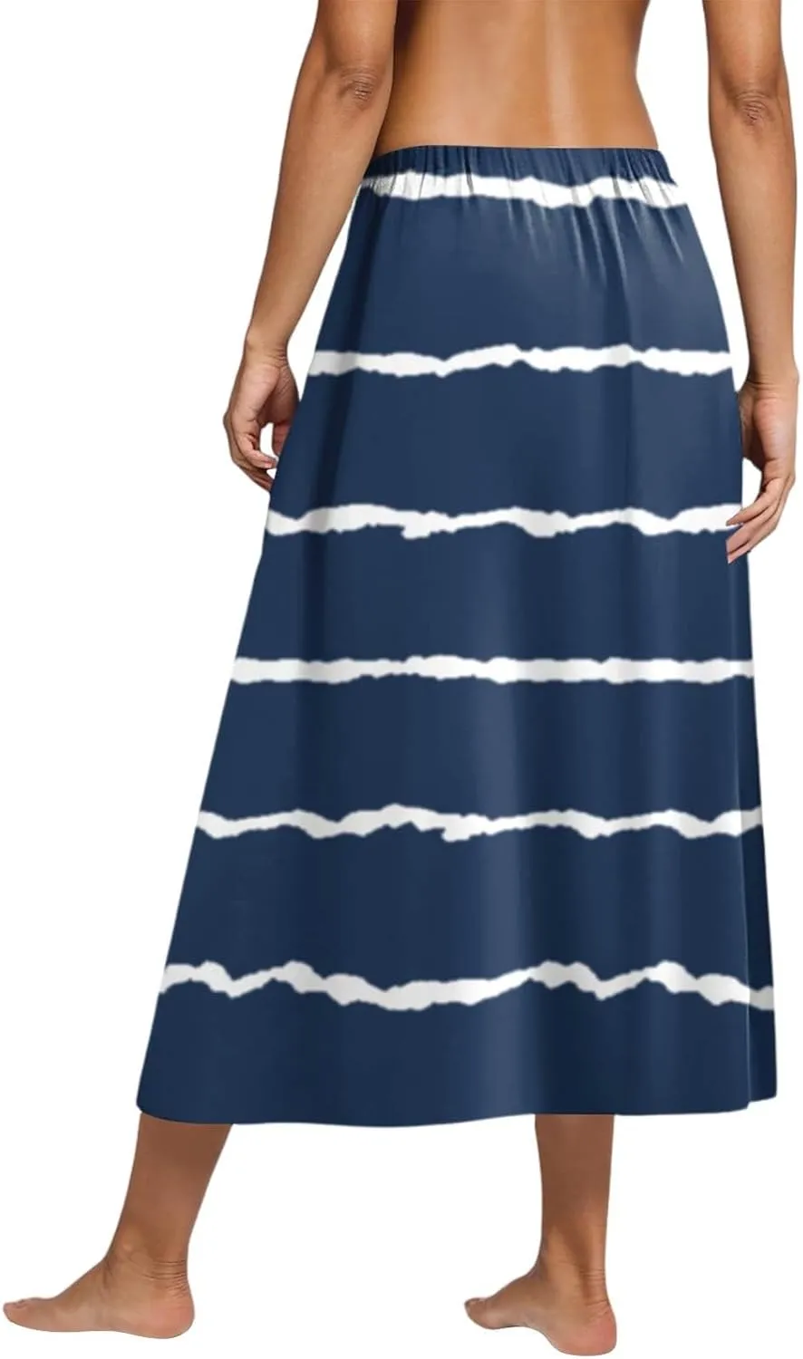 Skirs for Women Gradient Stripe Printed Skirt Elasticated Loose Pocket Pleated Half-Body Skirts Casual Skirt