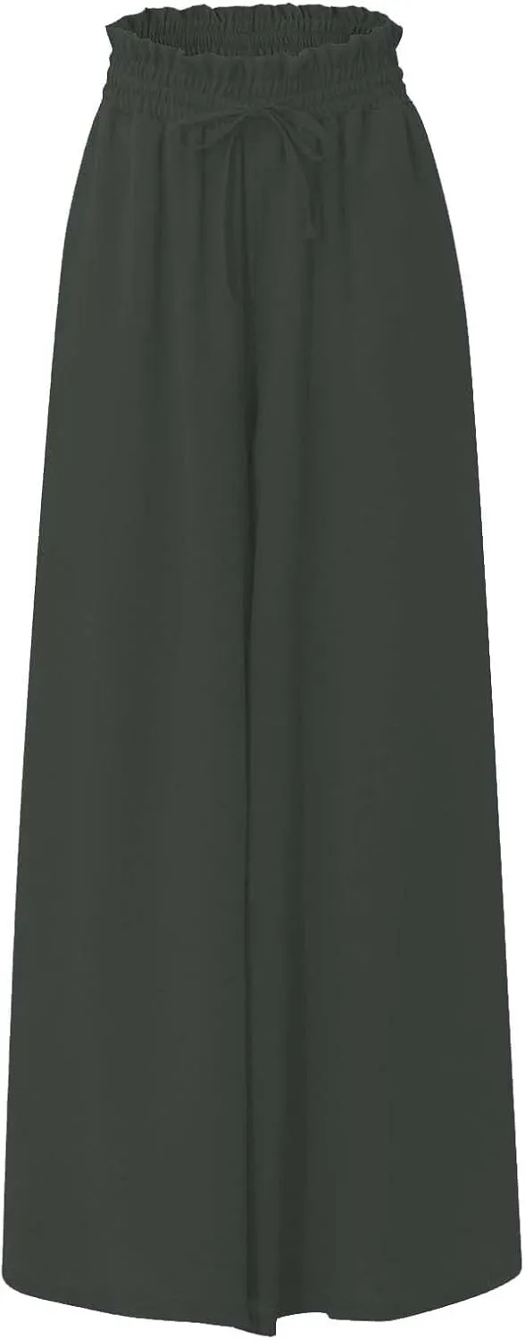 Skirt Pants for Women Wide Leg Elastic Waisted Chiffon Baggy Long Lounge Trousers Beach Vacation Pant with Pockets