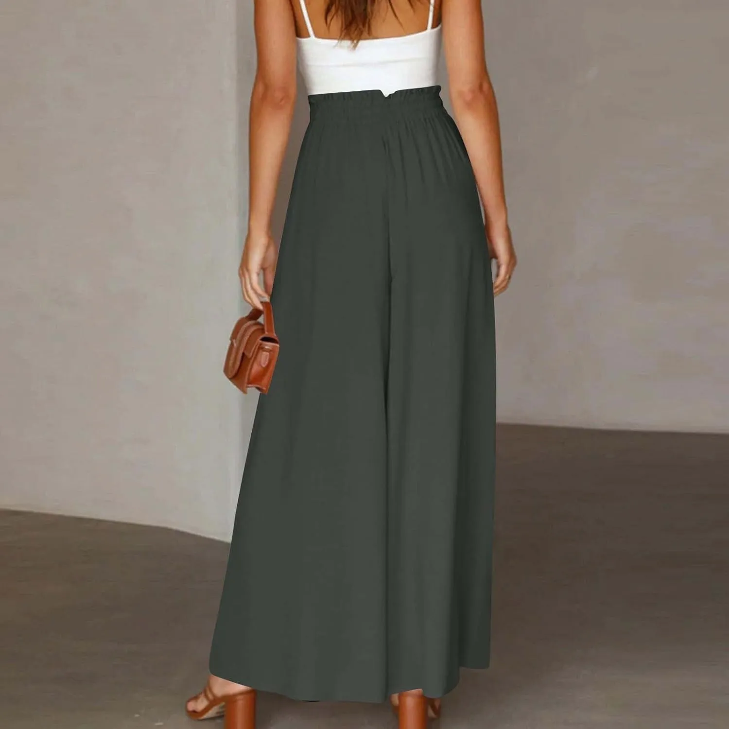 Skirt Pants for Women Wide Leg Elastic Waisted Chiffon Baggy Long Lounge Trousers Beach Vacation Pant with Pockets