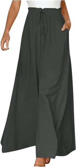 Skirt Pants for Women Wide Leg Elastic Waisted Chiffon Baggy Long Lounge Trousers Beach Vacation Pant with Pockets