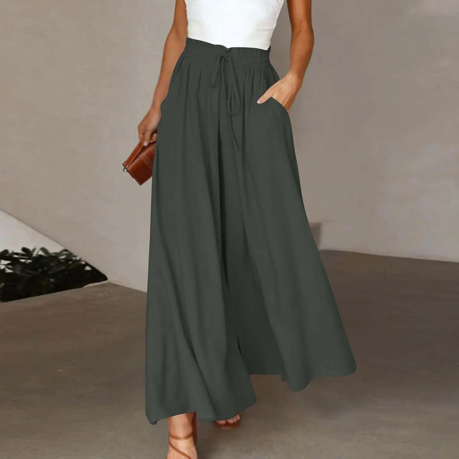 Skirt Pants for Women Wide Leg Elastic Waisted Chiffon Baggy Long Lounge Trousers Beach Vacation Pant with Pockets