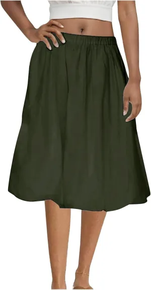 Skirt Women Elastic Waist Pure Casual Skirts Summer Trending Boho Vacation Skirts Puffy Baggy Ruched Skirt