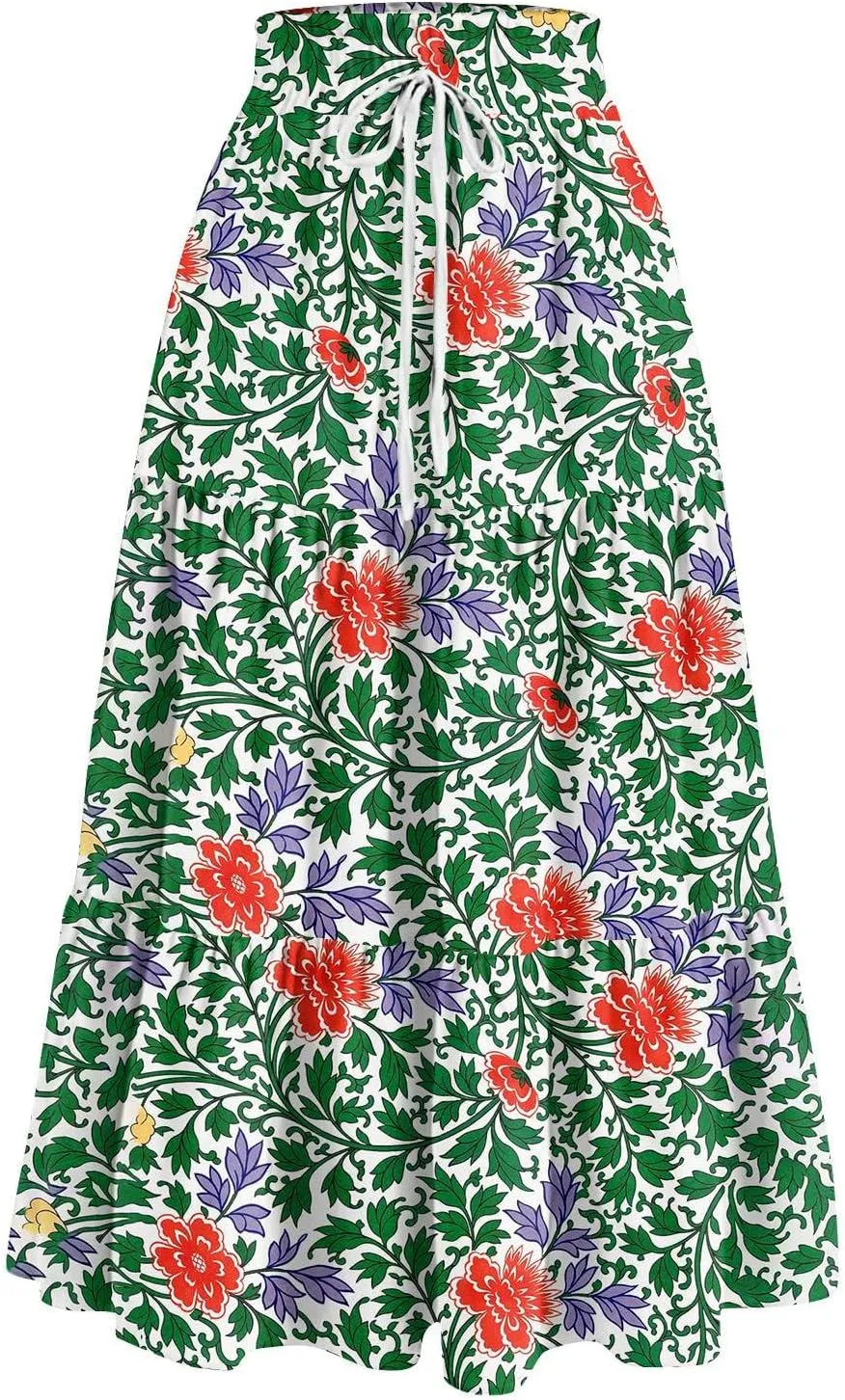 Skirts for Women Summer Tiered Elastic High Waisted Floral Skirt Vacation A Line Drawstring Flowy Long Skirts