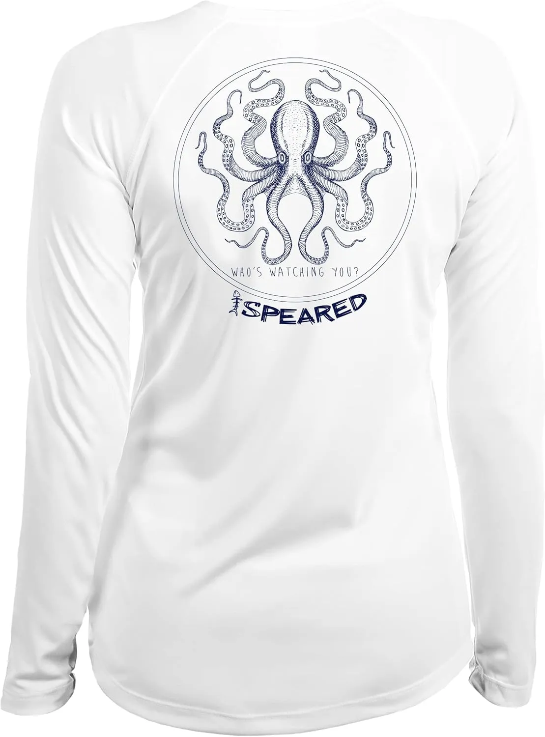 Spearfishing Octopus UV T-Shirt: UPF 50  Long Sleeve Womens Sun Protection, Quick Dry Rash Guard Tee for Scuba Diving, Fishing, Swim, Outdoors: The Kraken: White - L