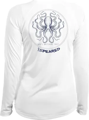 Spearfishing Octopus UV T-Shirt: UPF 50  Long Sleeve Womens Sun Protection, Quick Dry Rash Guard Tee for Scuba Diving, Fishing, Swim, Outdoors: The Kraken: White - L