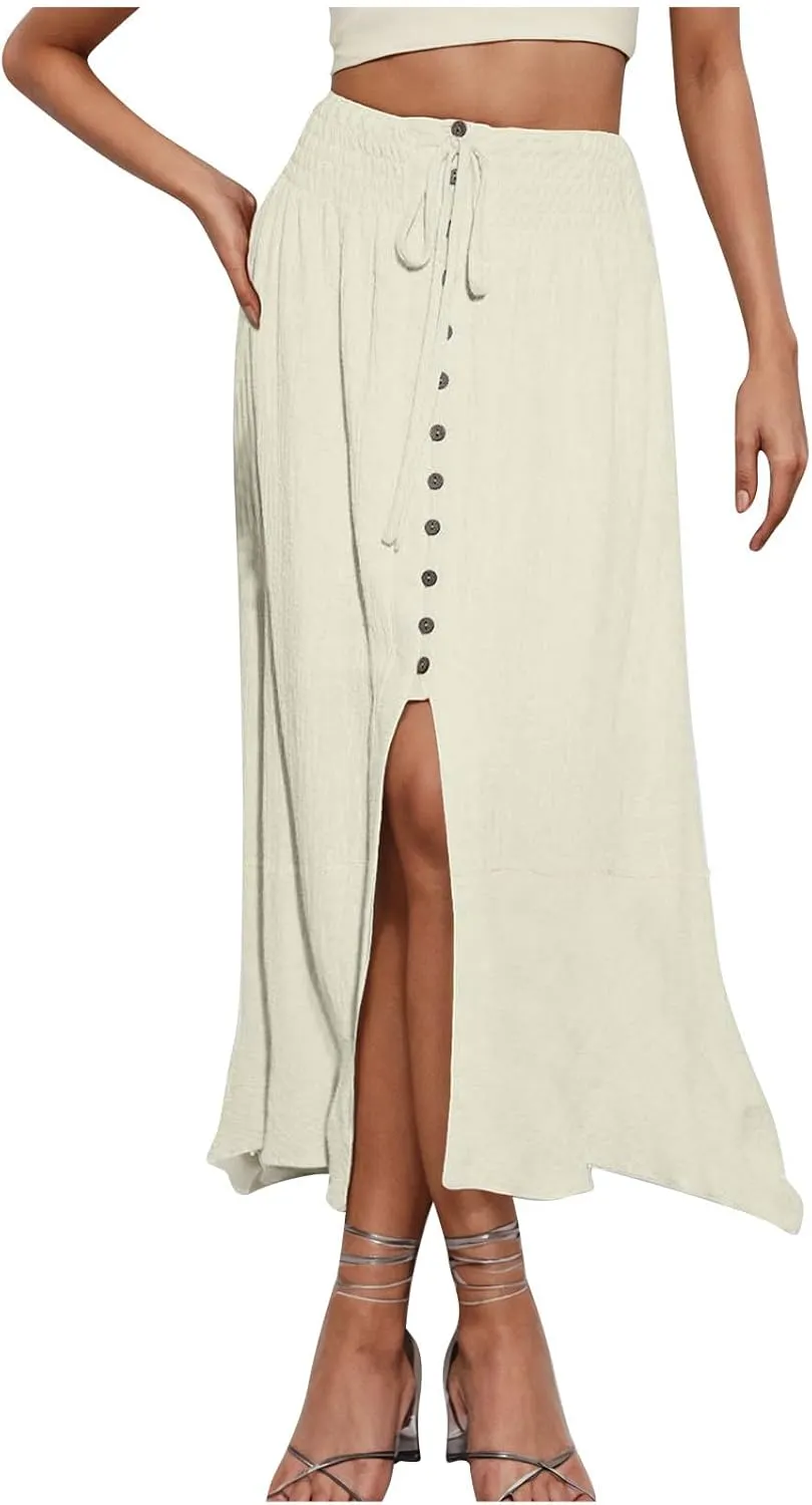 Split Maxi Skirt for Women Casual Elastic Waist Button Split A Line Dresses Flowy Swing Pleated Beach Long Skirts