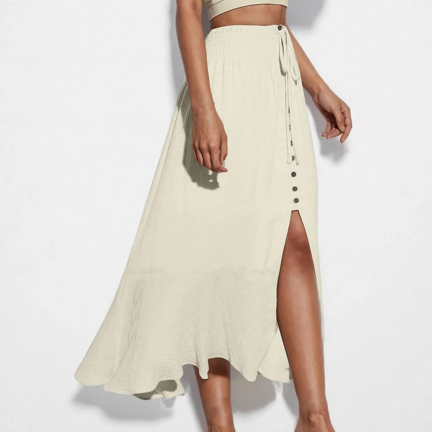 Split Maxi Skirt for Women Casual Elastic Waist Button Split A Line Dresses Flowy Swing Pleated Beach Long Skirts