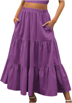 Spring Summer Boho Ruffle Skirts for Women Casual High Waist Maxi Skirt with Pocket, Ladies Bohemian Beach Skirt