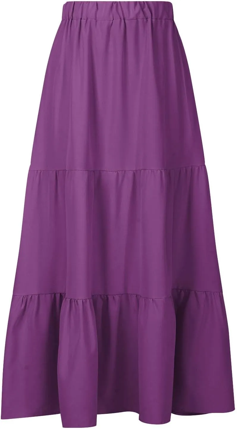 Spring Summer Boho Ruffle Skirts for Women Casual High Waist Maxi Skirt with Pocket, Ladies Bohemian Beach Skirt