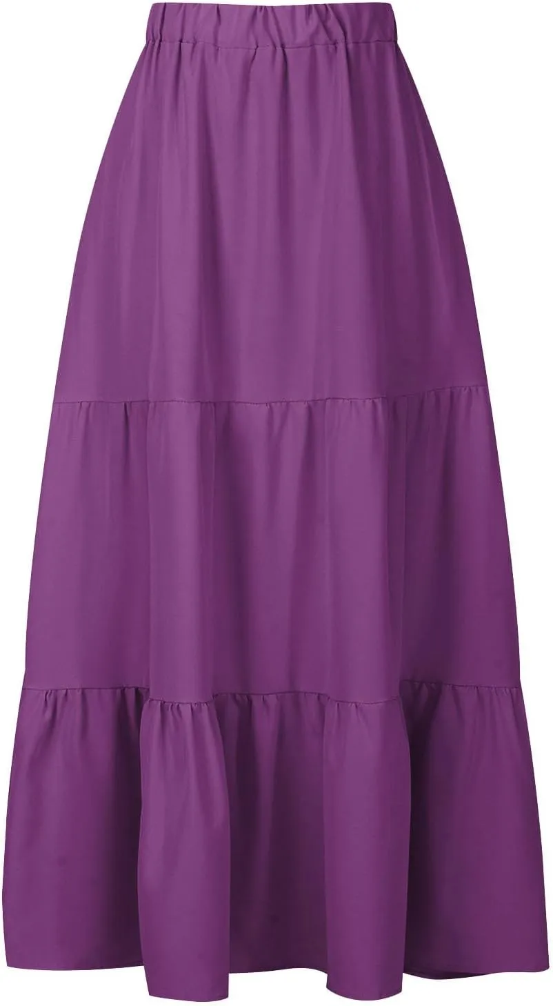 Spring Summer Boho Ruffle Skirts for Women Casual High Waist Maxi Skirt with Pocket, Ladies Bohemian Beach Skirt