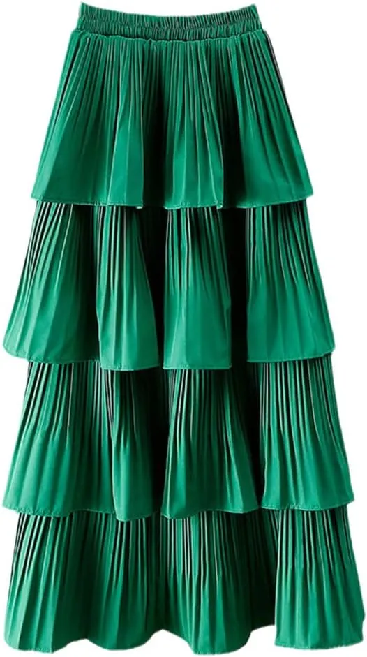 Spring Summer Women High Waist Slim Long Skirt Solid Color Multi-Layer Pleated Hem Cake Skirt