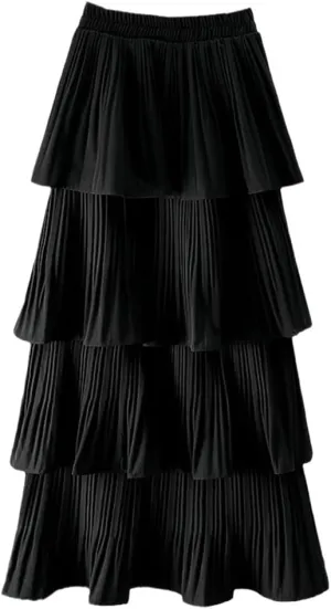 Spring Summer Women High Waist Slim Long Skirt Solid Color Multi-Layer Pleated Hem Cake Skirt