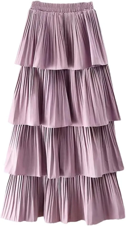 Spring Summer Women High Waist Slim Long Skirt Solid Color Multi-Layer Pleated Hem Cake Skirt