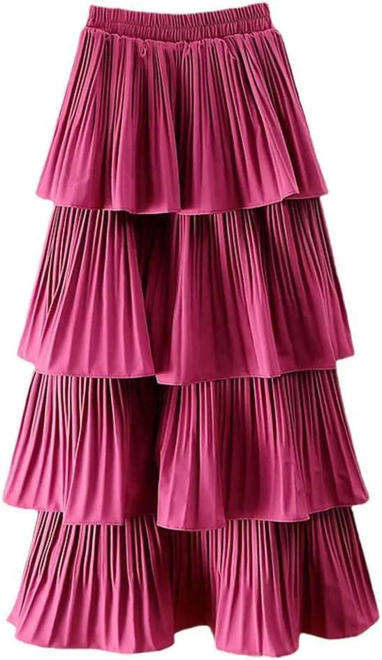 Spring Summer Women High Waist Slim Long Skirt Solid Color Multi-Layer Pleated Hem Cake Skirt