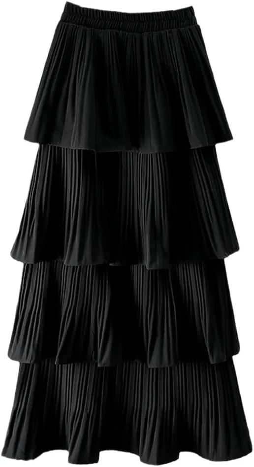 Spring Summer Women High Waist Slim Long Skirt Solid Color Multi-Layer Pleated Hem Cake Skirt