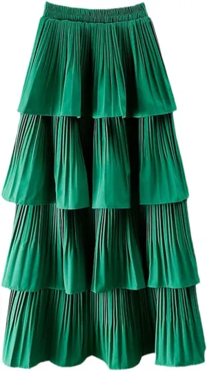 Spring Summer Women High Waist Slim Long Skirt Solid Color Multi-Layer Pleated Hem Cake Skirt