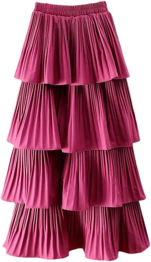 Spring Summer Women High Waist Slim Long Skirt Solid Color Multi-Layer Pleated Hem Cake Skirt