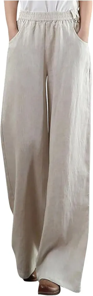 Straight Leg Pants for Women Linen Palazzo Lounge Pants Summer Slacks Loose Casual Wide Leg Trousers