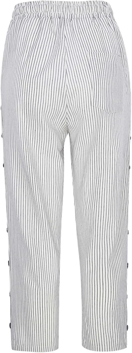 Striped Linen Pants Women 2025 Summer Casual Elastic Waist Pants Wide Leg Drawstring Trousers with Pockets