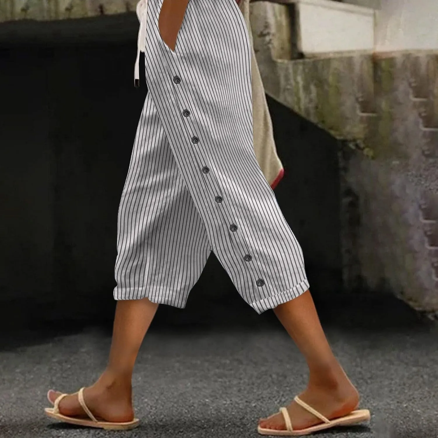 Striped Linen Pants Women 2025 Summer Casual Elastic Waist Pants Wide Leg Drawstring Trousers with Pockets