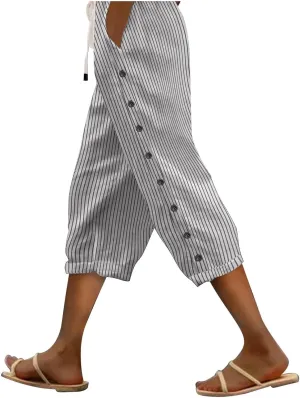 Striped Linen Pants Women 2025 Summer Casual Elastic Waist Pants Wide Leg Drawstring Trousers with Pockets