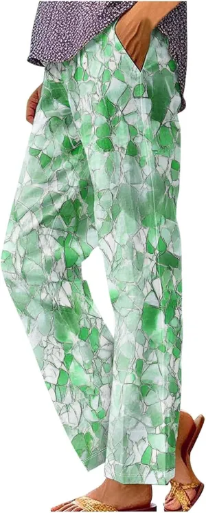 Summer Boho Cotton Linen Casual Pants for Women, Fashion Print Baggy Palazzo Pants Elastic Waist Pockets Trousers
