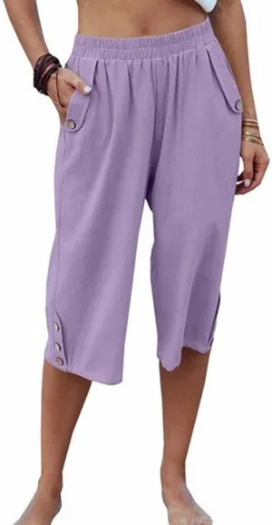 Summer Linen Cropped Trousers for Women Elastic Waist Button Fly Comfy Solid Color Capri Pants Quick Dry Running Sweatpants