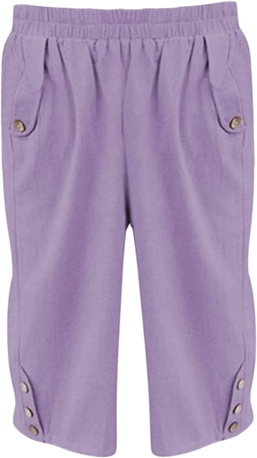 Summer Linen Cropped Trousers for Women Elastic Waist Button Fly Comfy Solid Color Capri Pants Quick Dry Running Sweatpants