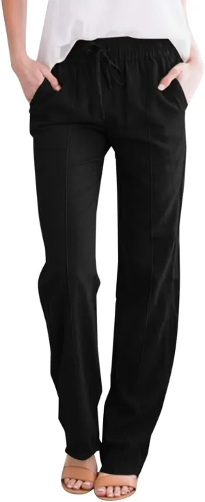 Summer Linen Pants for Women 2025 Casual Drawstring High Waisted Linen Pants Beach Wide Leg Trousers with Pockets